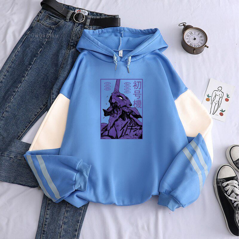 Japanese Anime Evangelion Men Hoodies Fashion Purple Graphics EVA-00 PROTO TYPE Unisex Winter Oversize Long Sleeve Sweatshirts