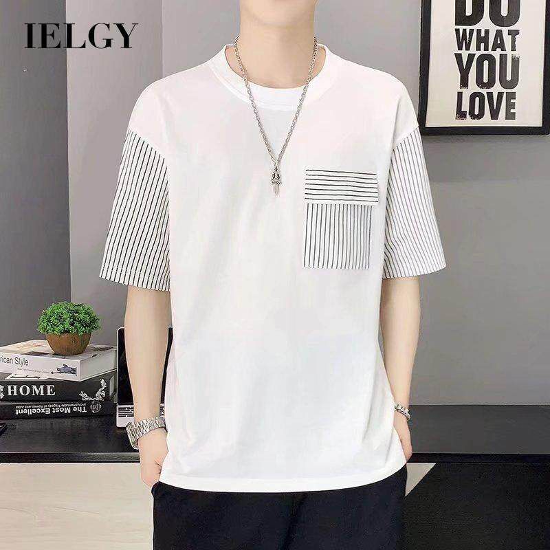 IELGY pocket striped short-sleeved t-shirt men's Korean style round neck all-match