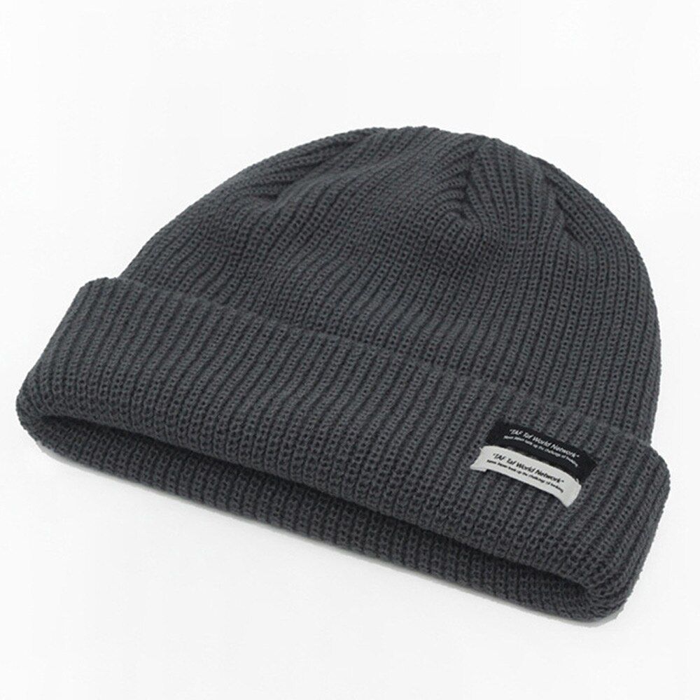 Autumn Winter Men's Ribbed Knit Skull Cap Women Beanie Cuff Hat with Tag Toque Dark Grey Orange White Black Blue-green Pink