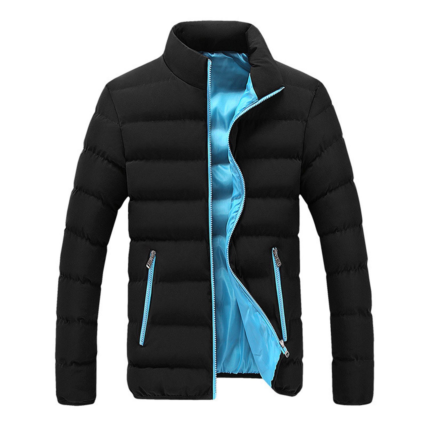 Puffer Jacket Zipper Pockets Stand Collar Men Casual Windbreaker