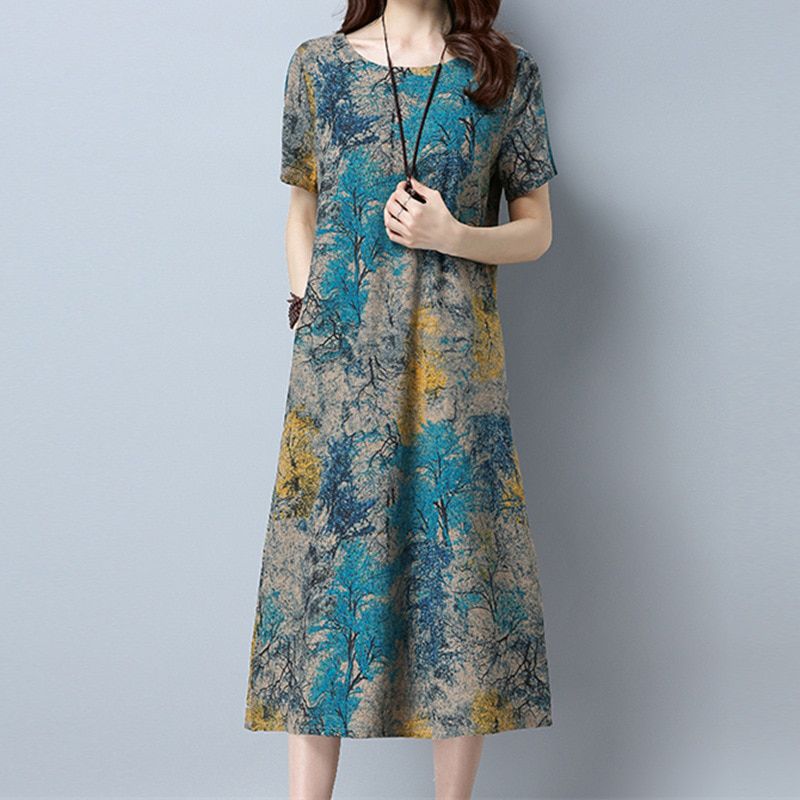 2020 Cotton Linen Summer Dress Women Loose Plus size Casual Dress OL work Wear vintage Print beach Sundress dresses vestidos