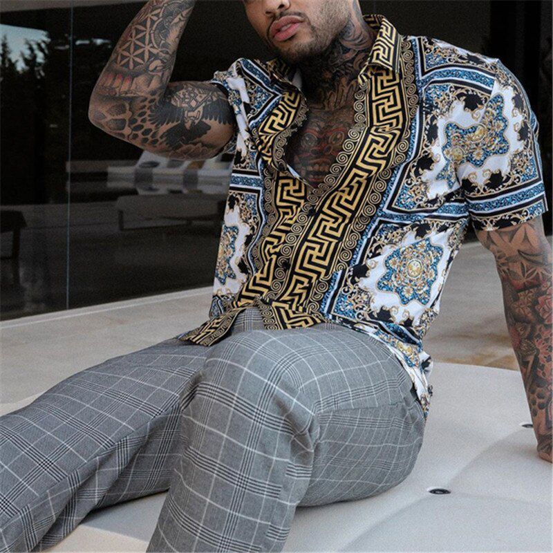 New Fashion Men's 2021 Bicolor Casuald Short Sleeve Printed Embroidery Pattern Clothes LightWeight Button-Down Male Shirt Large