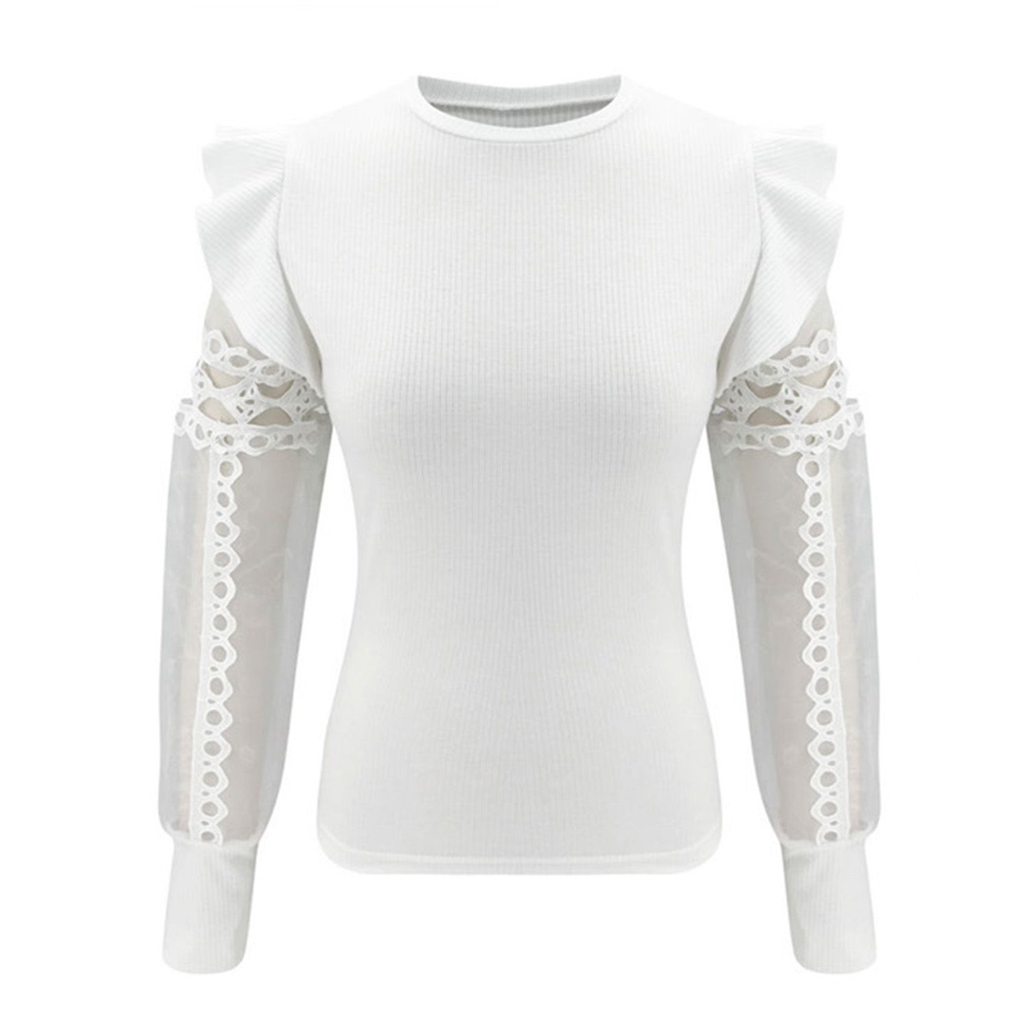 Casual Blouse Round Neck Hollow Mesh Sleeve Casual Blouse