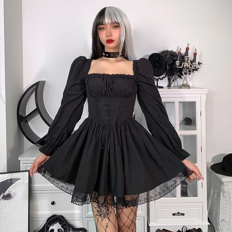 Fairy Grunge Square Neck Lace Trim  Kawaii Slim White Dress Women 2021 New Bandage Fall Dress Gothic Clothes платье летнее