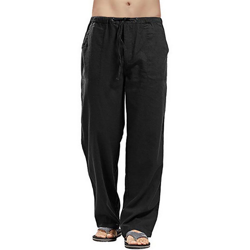 Summer Solid Color Linen Trousers For Men Straight Casual Pants Plus Large Size Breathable Comfortable Drawstring Loose Trousers