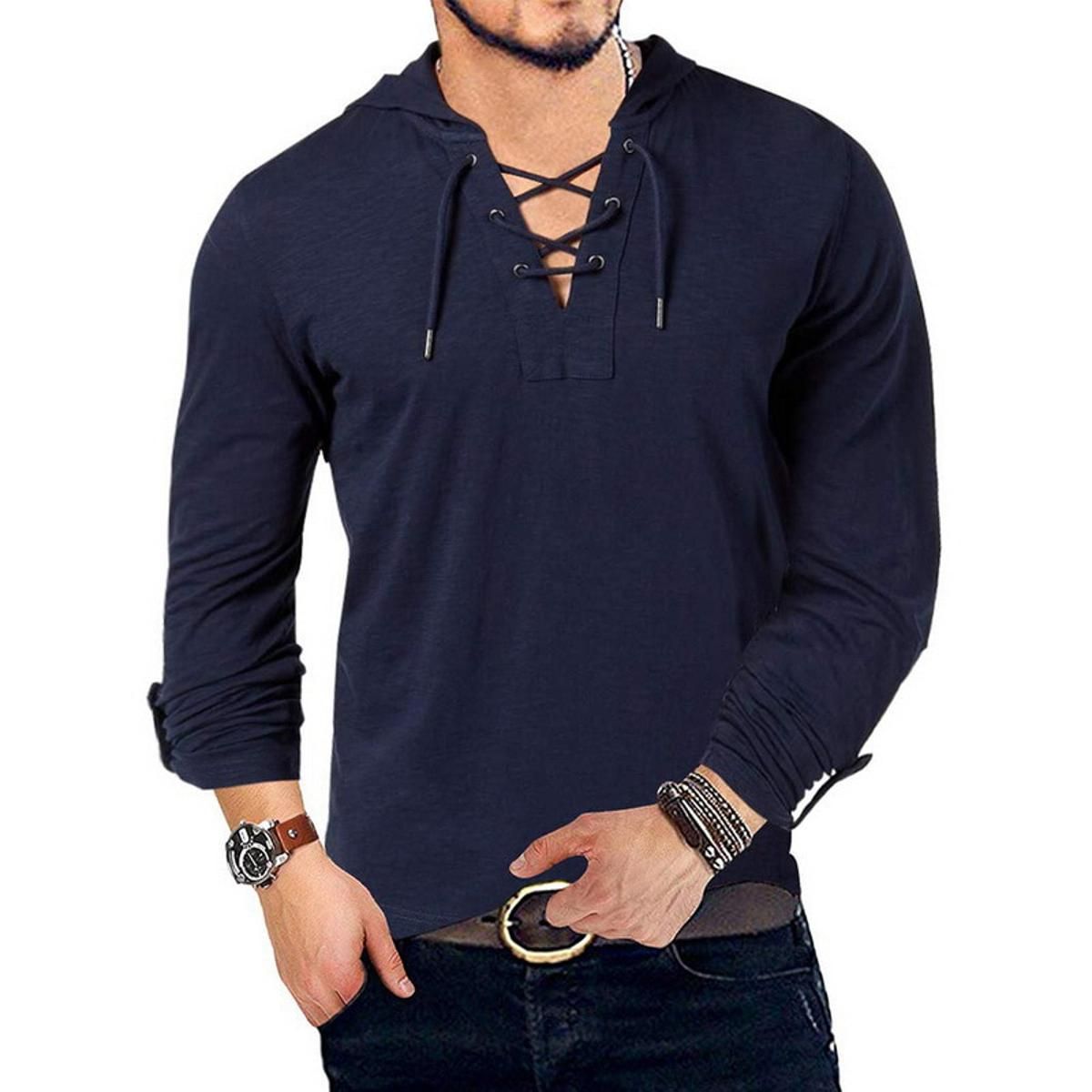 Fashion Men's Hooded Tee Long Sleeve Cotton Henley T-Shirt Medieval Lace Up V Neck Outdoor Tee Tops Loose Casual Solid Shirt