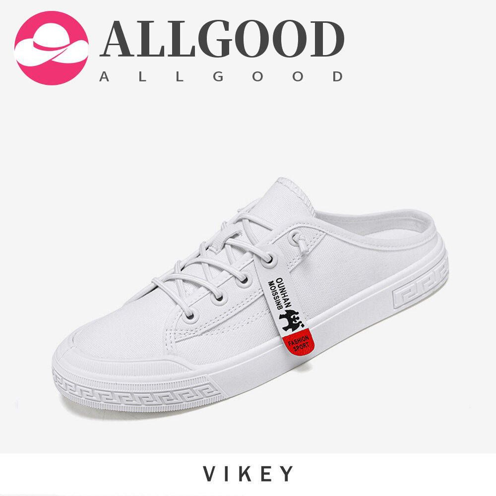 Vikey  Men Casual Canvas Half Shoes Outdoor Breathable Shoes For Men Fashion Sneakers Kasut Lelaki(Black,White)