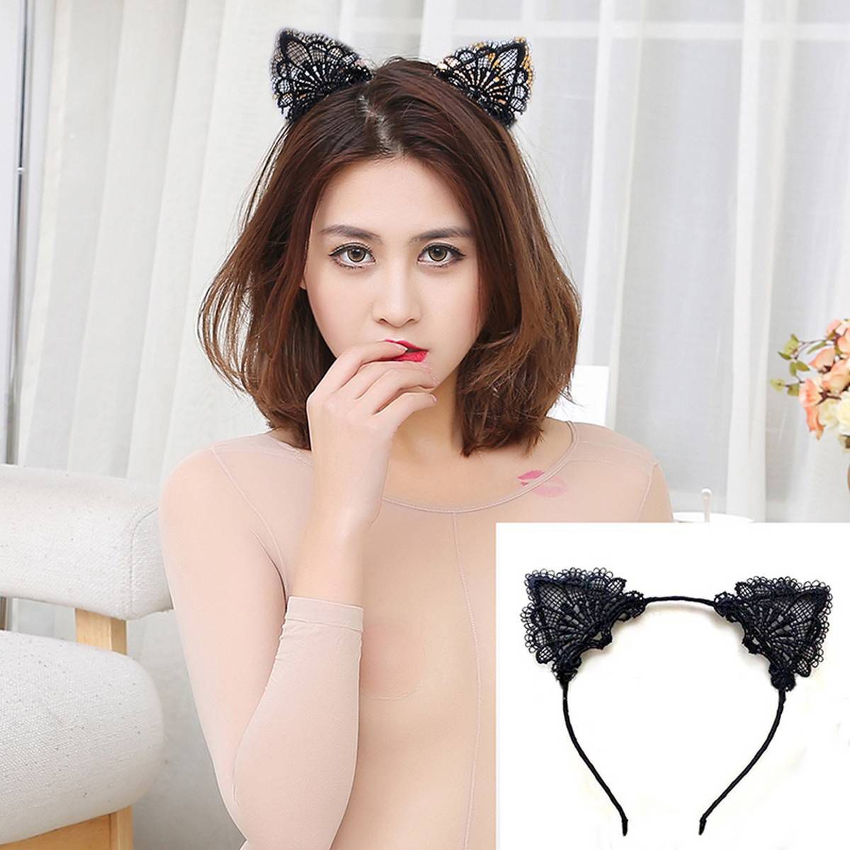 【ALLGOOD】Black Lace Cat Ears Hair Clips Headband For s Hairband girls headbanHair Hoop Hair Accessories