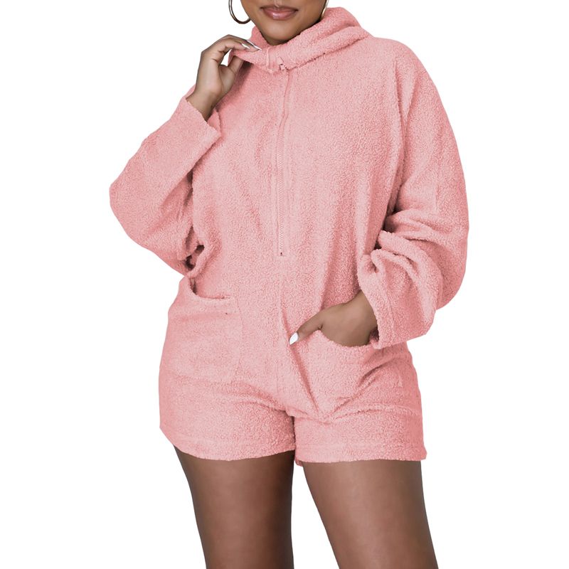 Women’s Casual Plush Home Jumpsuit Fashion Solid Color Long Sleeve Zipper Hooded Playsuit