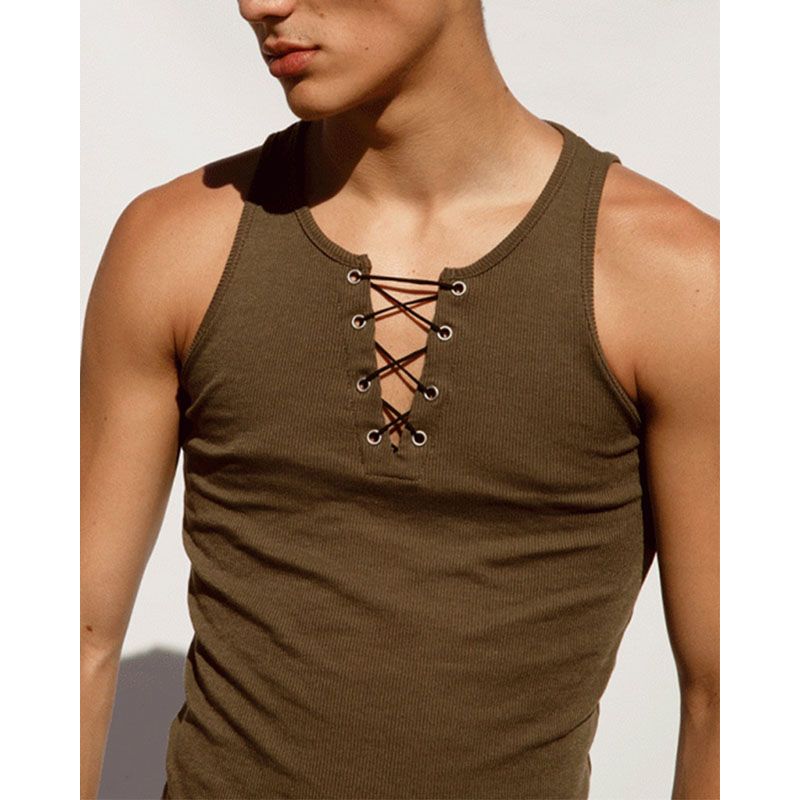 Summer Men TaTop Casual Sleeveless Vest Tops S Solid Lace-up Design TaTops For Srts