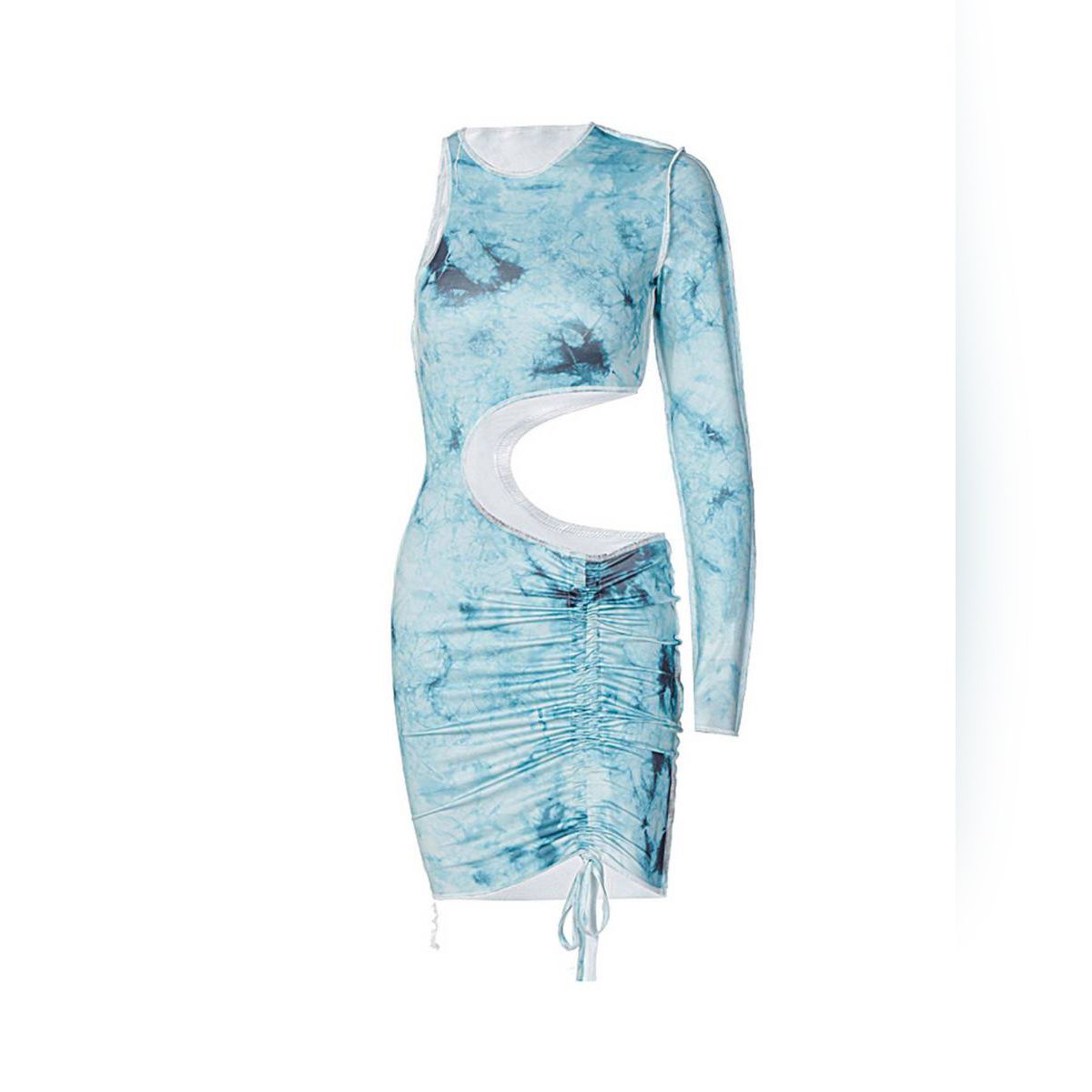 2021 Women's fashion Bodycon Mini Dress, Long Sleeve One Shoulder Tie Dye Print Cutout Ruched Dress