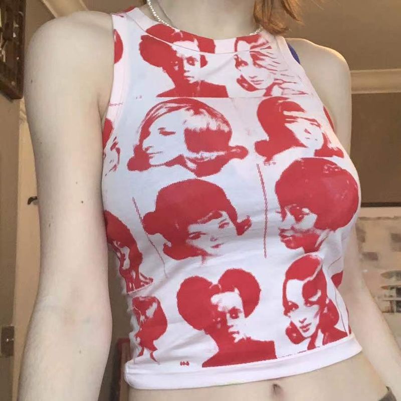 Vsstiar Portrait Casual Tank Tops Vintage Off Shoulder Vest Summer Streetwear Print Women Cropped Top