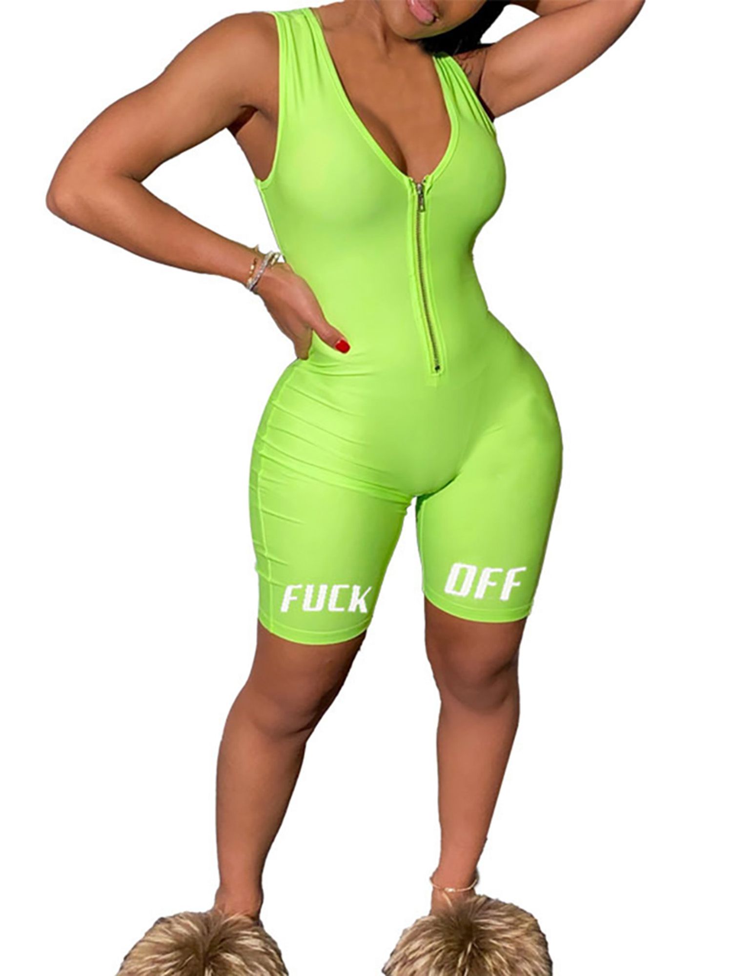 Women Letter Print Jumpsuit Summer Sleeveless Zipper Jumpsuit for Ladies