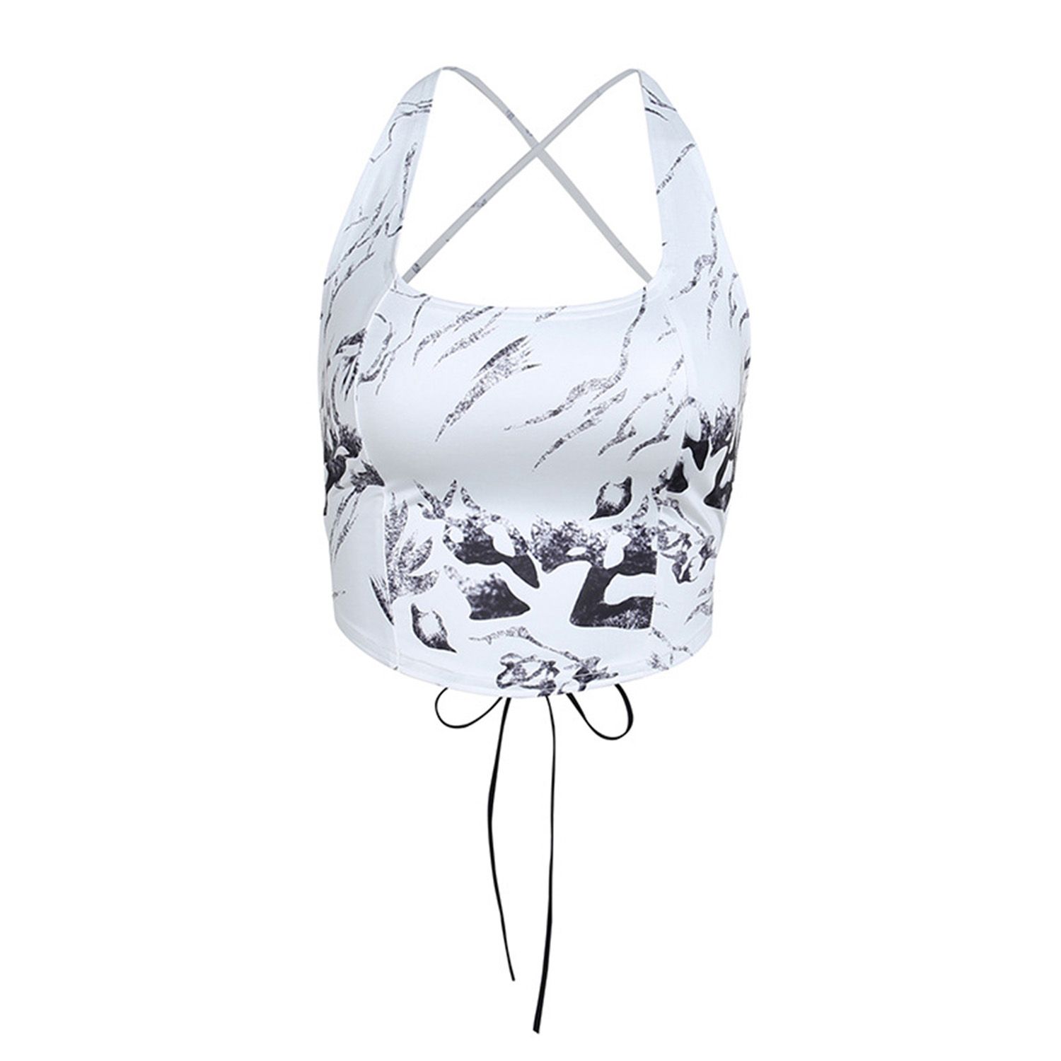 Female Camisole, Summer Floral Print U-Neck Lacing Vest Backless Crop Tops for Ladies, White, S/M/L