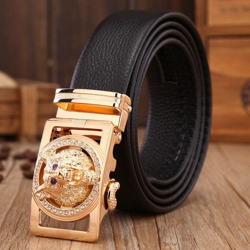 gold wolf silver leopard men belt luxury fiber leather long size automatic buckle brown black girdle high quality 160 170 180cm