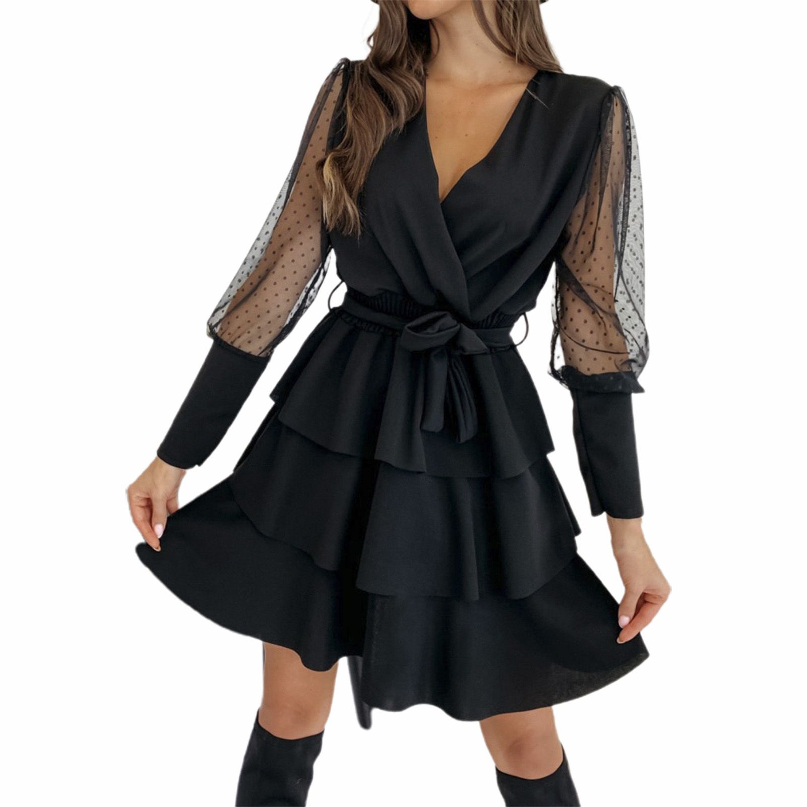 Women Dress V Neck Solid Color See Through Dress