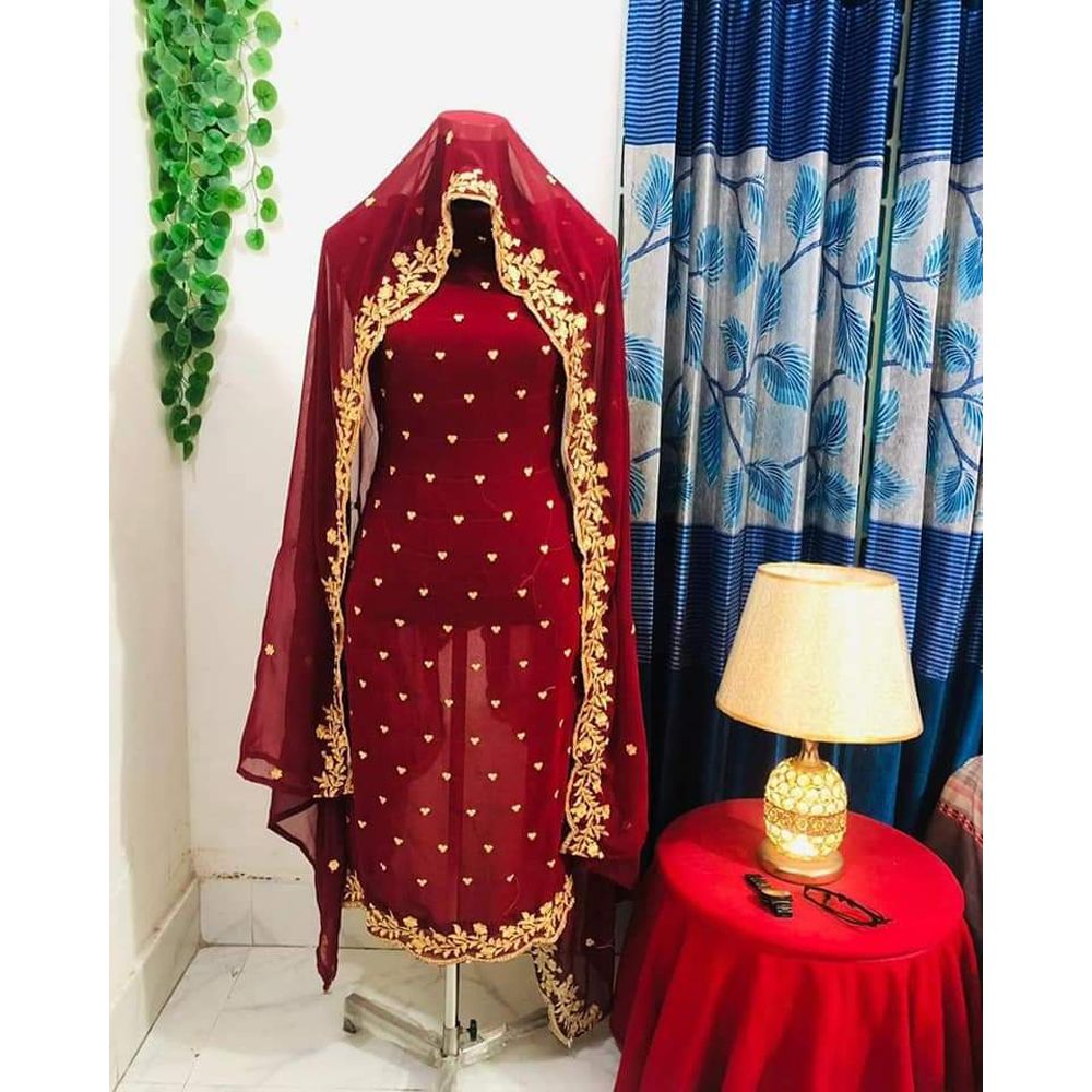 মহিলাদের জন্য নতুন আনস্টিচড ইন্ডিয়ান জর্জিয়াস অ্যামব্রয়ডারি ওয়েটলেস জর্জেট লম্বা হাতা 4 পিস
