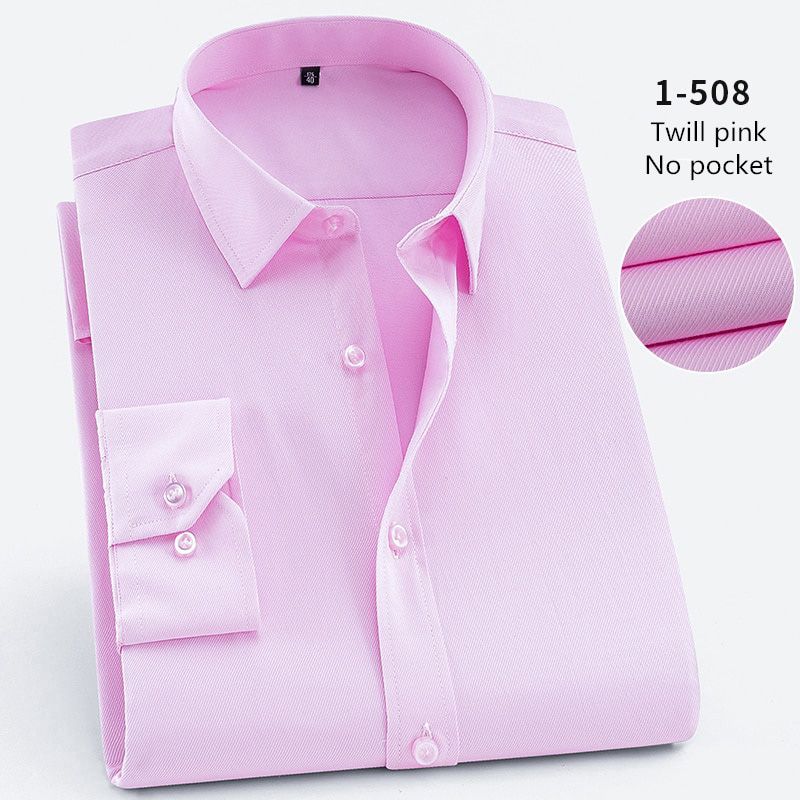 Business Men Formal Twill Shirt Long SLeeve Slim Fit Dress Shirts Mens without Chest Pocket  White light blue Pink Good Stitch