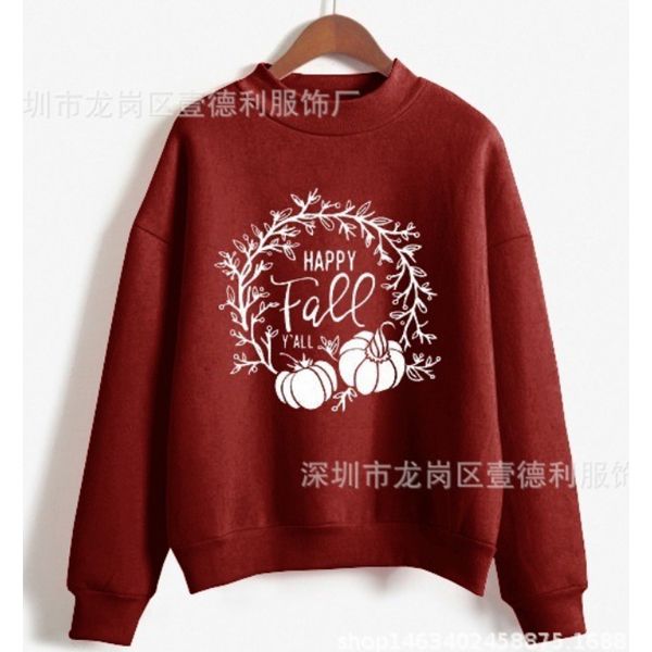 Women Casual Long Sleeve Happy Fall Y'All Letter Printed Pumpkin Vine Cartoon Pattern Pullover Round Neck Sweatshirts Top