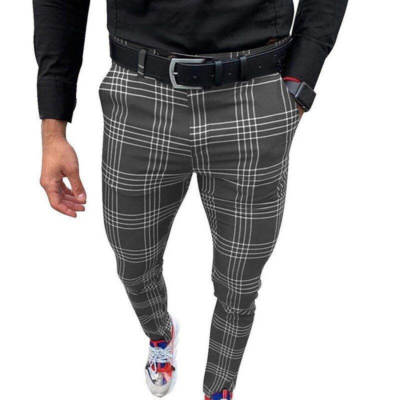 Men's Large Plaid Stripe Casual Pants Social Slim Fit Black Trousers Zipper Mid Waist Skinny Business Male Spring Stretchy