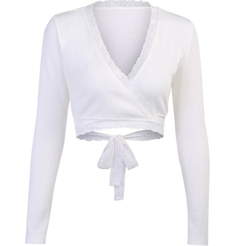 2021 Women's Wrap Crop Top, fashion Long Sleeve Deep V Neck Lace Trim Self Tie Basic Tee Shirt