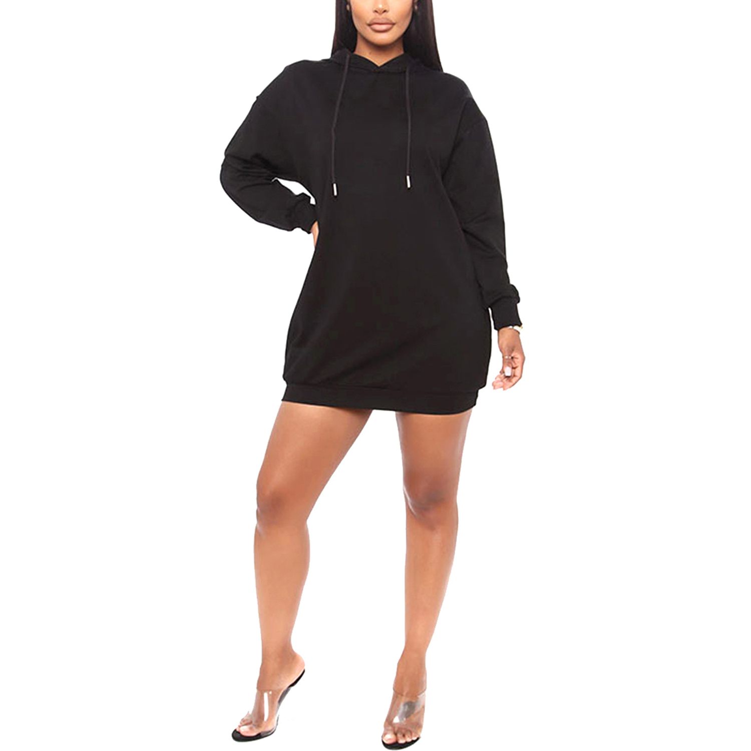 Women’s Solid Color Tunics Sweatshirts, Drawstring Hooded Long Sleeve Long Casual Hoodies Pullover Tops