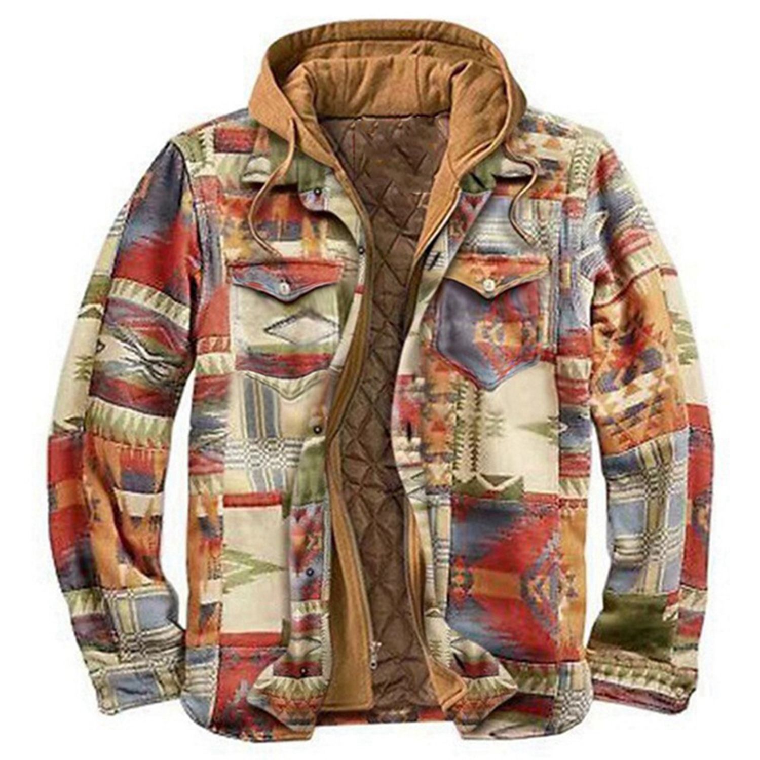 Men Jacket Plaid Pattern Loose Drawstring Jacket