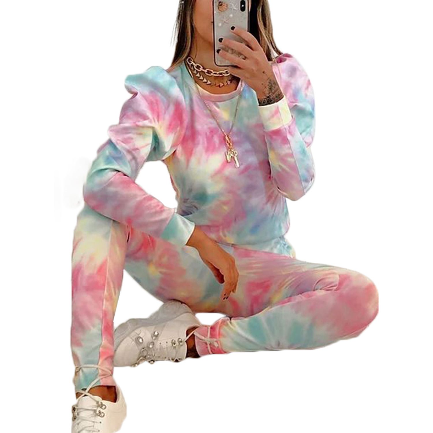 Women Casual 2-piece Outfit Set Long Sleeve Tie-dye Print Top+Pants Set for Women