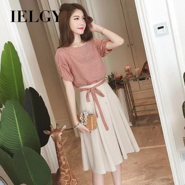 IELGY summer new mid-length suit skirt female Korean short-sleeved dress slim two-piece A-line skirt
