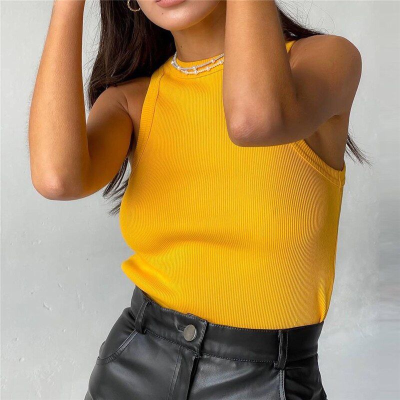 Knitted Summer Ribber Sleevless T Shirt Tops Women Casual Khaki White Crop Tops Club Short Skinny Tank Tops