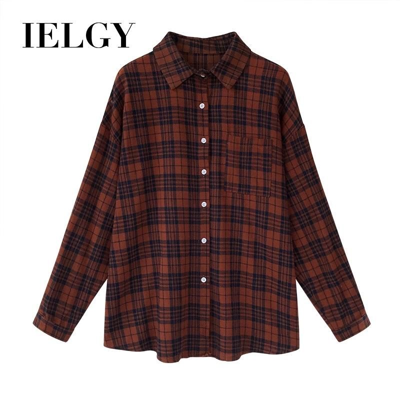 IELGY Loose bf plaid shirt female long sleeve chic shirt Hong Kong style retro shirt outside