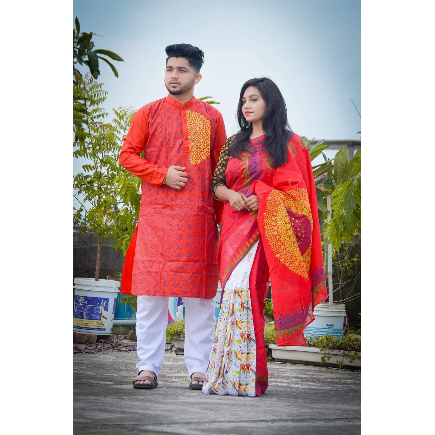 New Exclusive Design Red Block Print Half Silk Saree and Dupionn Panjabi couple Dress for Men and women