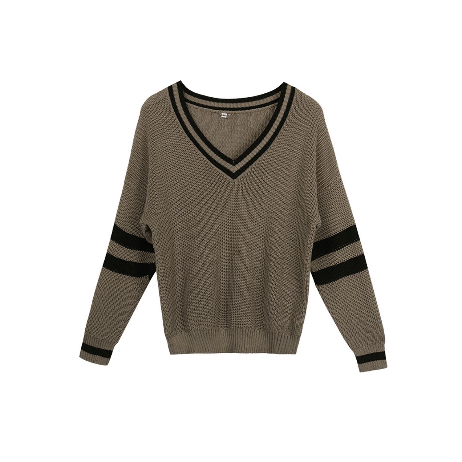 Women Striped Sweater, Autumn and Winter Adults Loose Long Sleeve V-neck Pullover