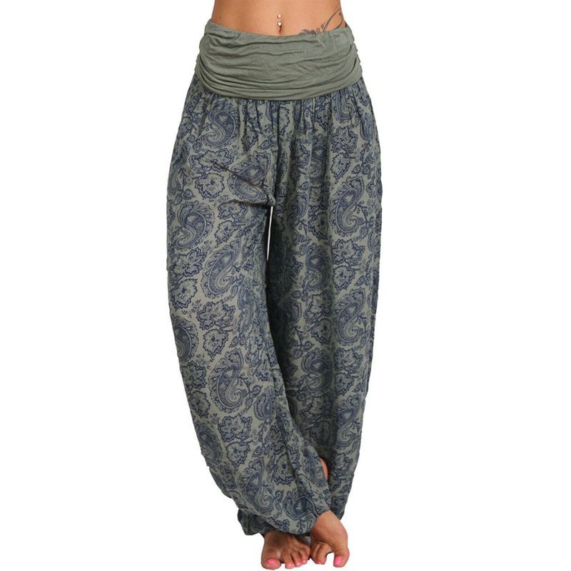 Muyogrt Women Bohemian Floral Print Long Pants Mid Waist Vintage Harem Pants Elastic Waist Boho Beach Trousers Plus Size