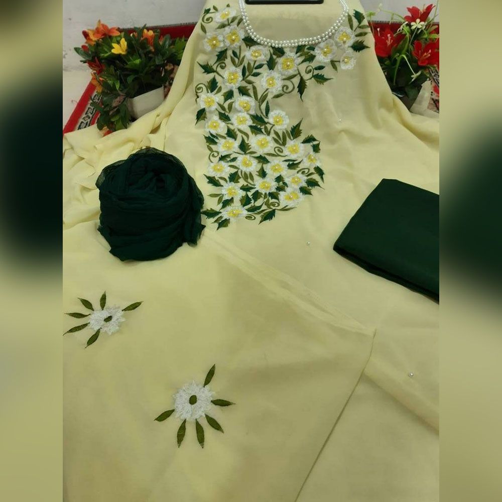 Lemon Color Stylish Shapnodanga Unstitched Georgette Embroidery & Puthi Work 3 Piece Salwar Kameez For Women Three Piece জর্জেট থ্রি পিস