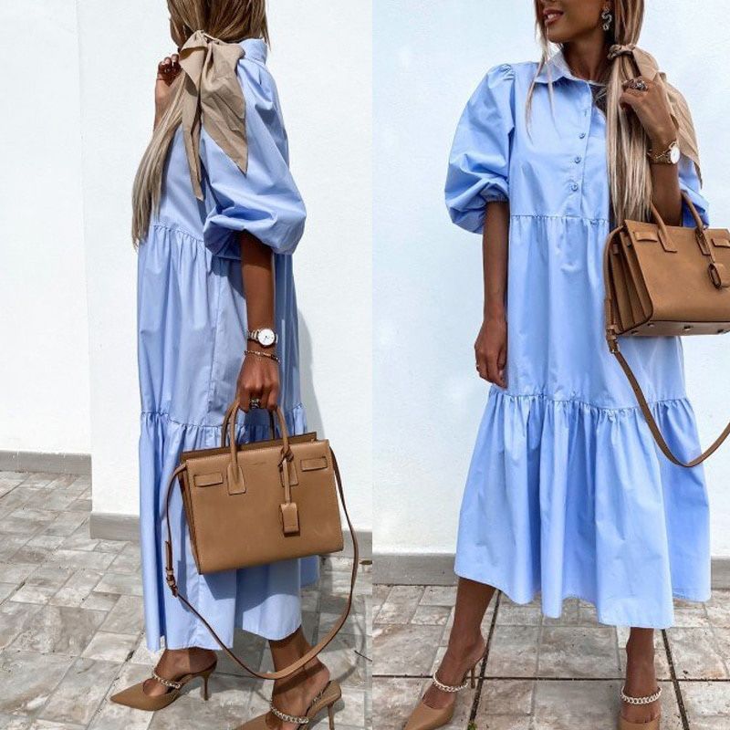 Spring Summer Loose Women Party Dress Turn-down Collar Button Office Lady Dress Retro Half Sleeve Solid Long Dress 2XL