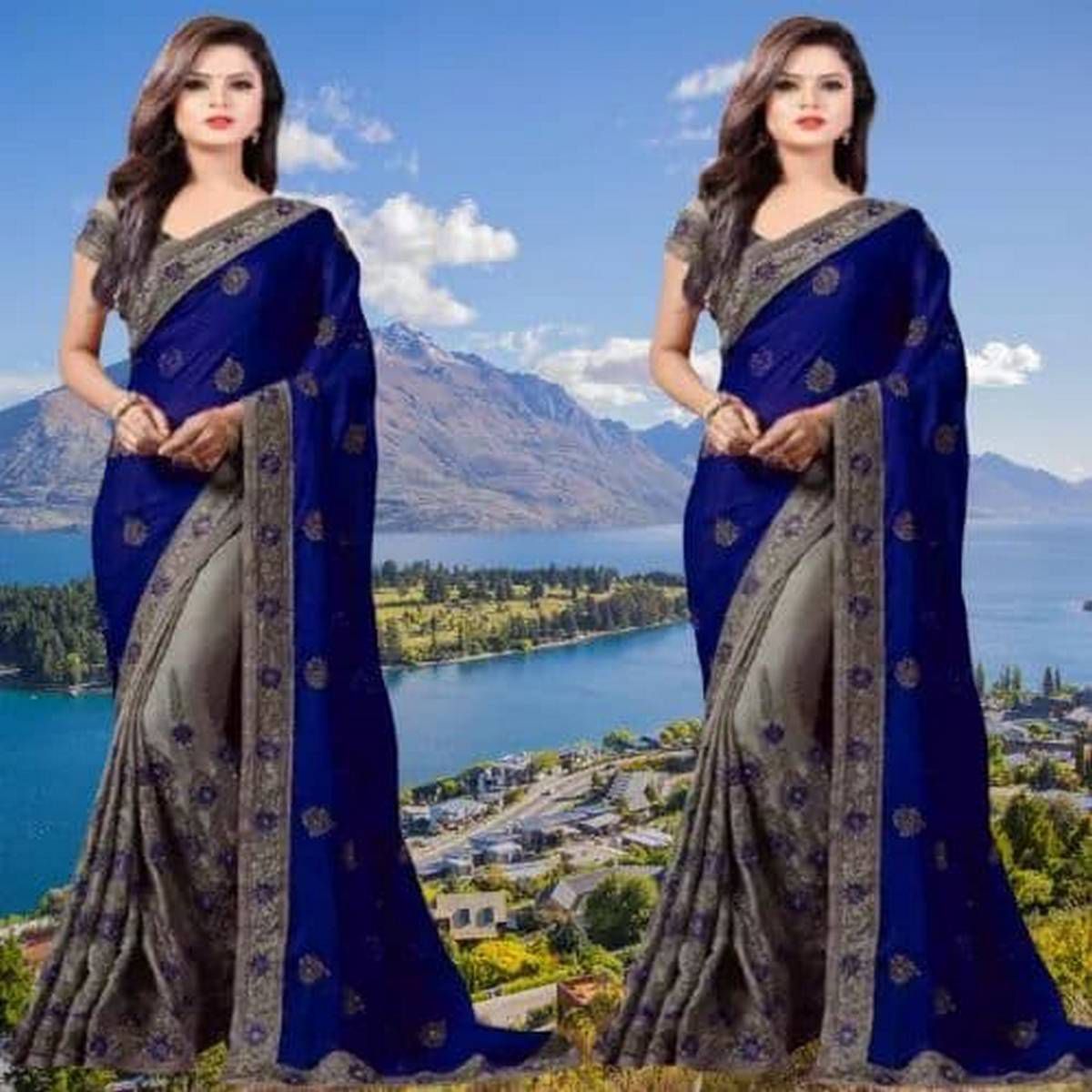 Indian Weightless Georgette Saree Blue& Ash Color High Quality Embroidery Work On Blouse