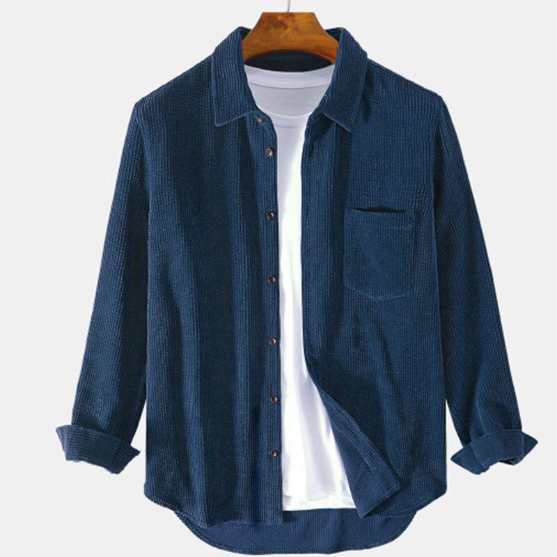 Men‘s Autumn Long Sleeve Corduroy Turndown Collar Double Pockets Shirts Premium Casual Top Blouse Shirts Streetwear Slim Male