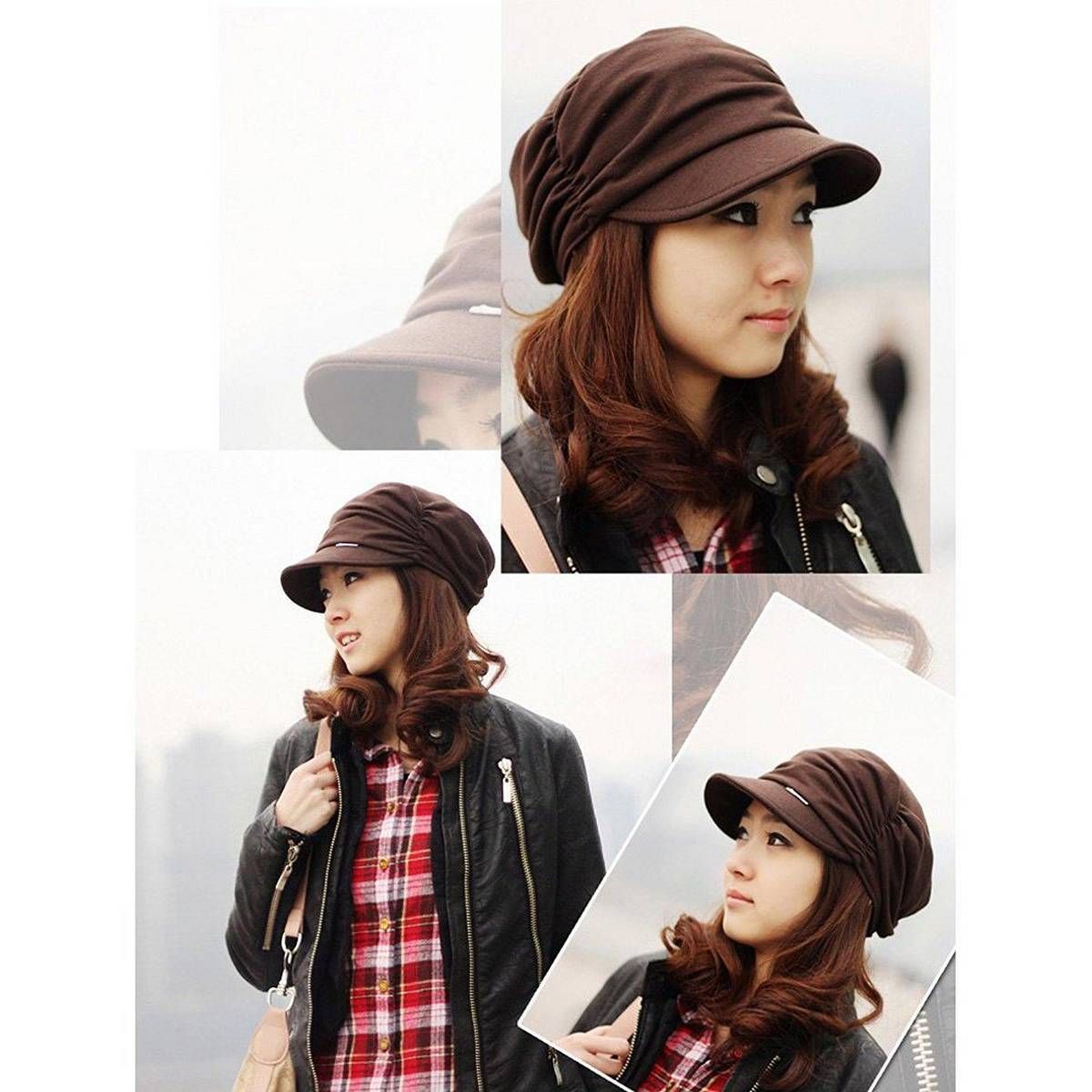 LanLan Women Girl Fashion Design Drape Layers Beanie Rib Hat Brim Visor Cap Brown