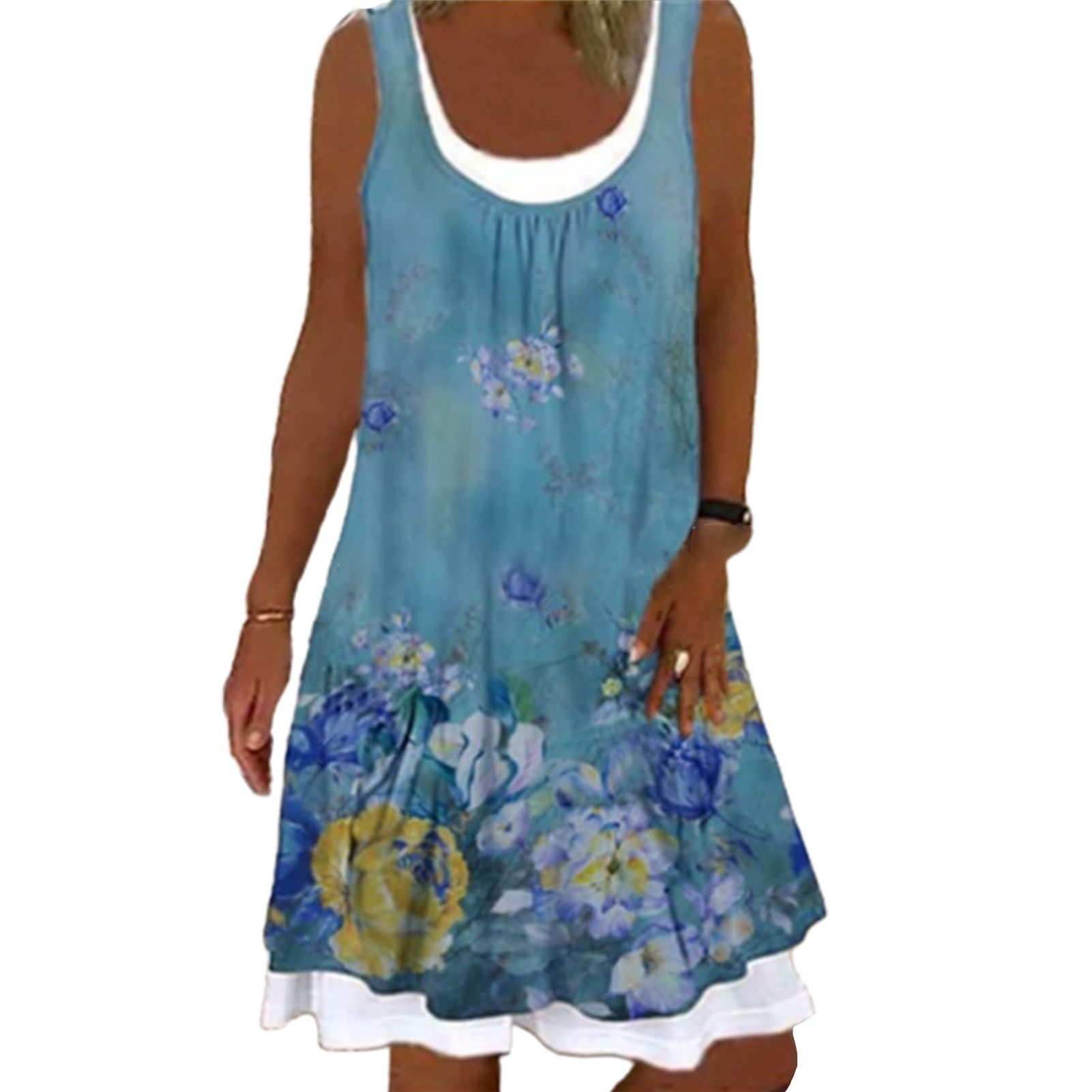 Midi Dress Floral Print Fake Two Piece Women Round Neck Sleeveless Dress for Dating