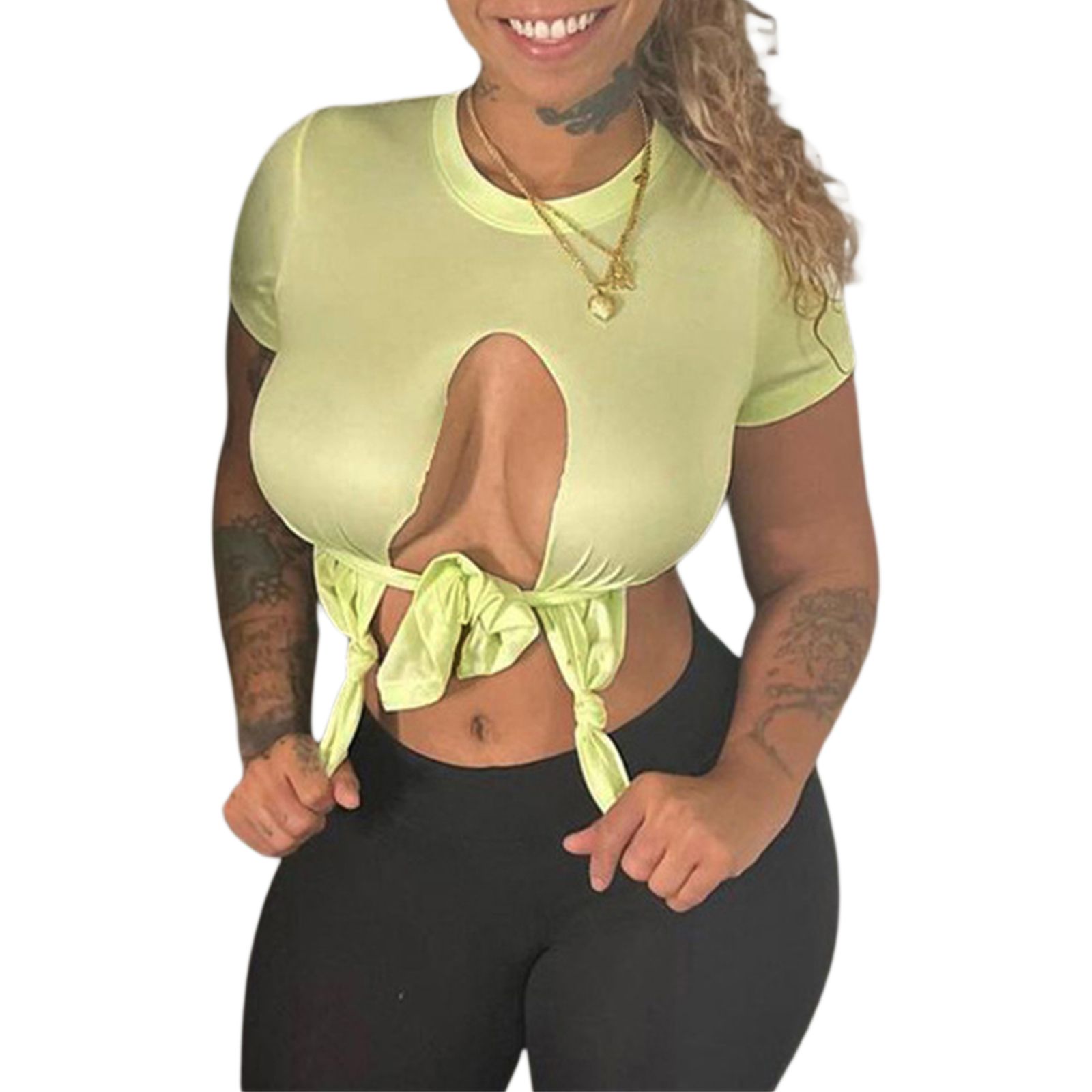 Women Fashion Cropped Tops Solid Color Round Neck Short Sleeve Tie-Up T-Shirts Exposed Navel Slim Fit Casual Shirts
