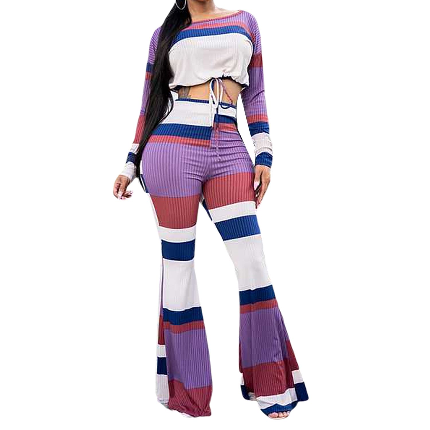 Women's Two Piece Outfits, Casual Long Sleeve Drawstring Hem Striped Crop Top + Flare Pants Set