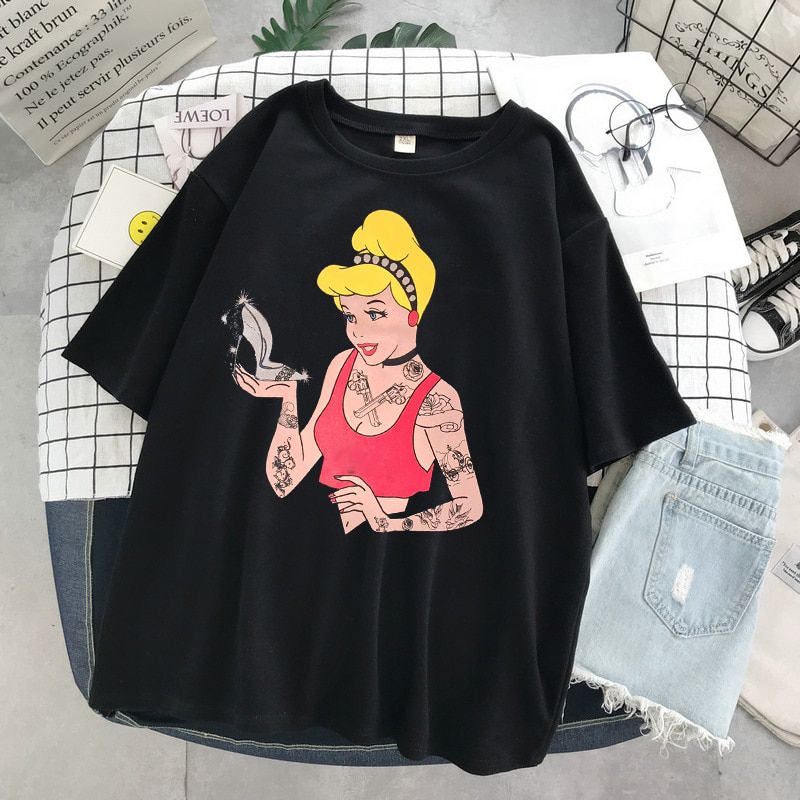 Summer 2021Disney New Cartoon Snow White Belle Princess T Shirt O-Neck Aesthetics TShirt Print Short Sleeve Streetwear Women Top
