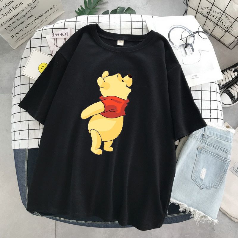 Disney Women's T-shirts Pooh Bear Ulzzang Fashion Winnie Oversized Cartoon White Kawaii Tops Crop Teens For Girls Family Look