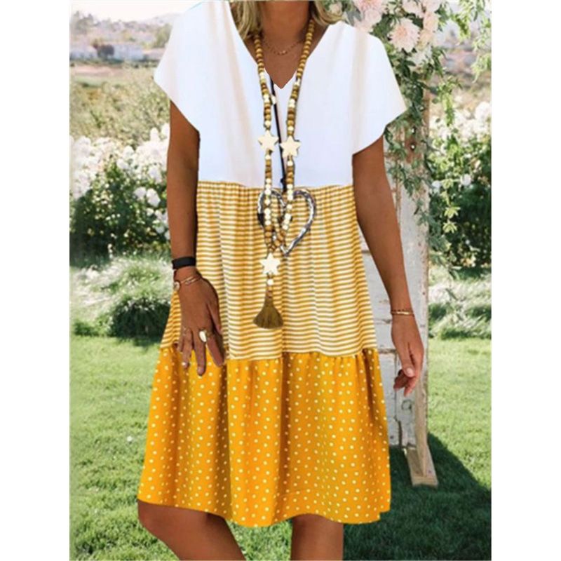 Women 2022 Loose Vintage Ruffles Strip Befree Dress Large Big Printed Patchwork Summer Boho Casual Party Beach Dresses Plus Size
