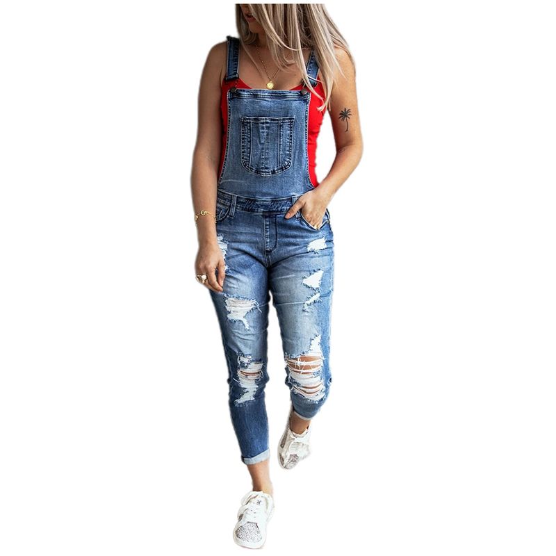 Women Denim Overalls Casual Slim Fit Ankle Length Skinny Leg Ripped Bib Overalls Long Jumpsuit