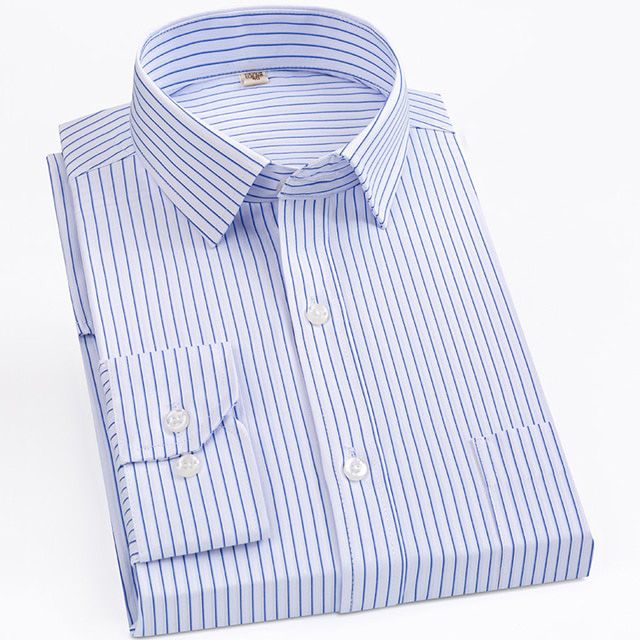 Men's Classic Long Sleeve Striped Basic Dress Shirts Single Patch Pocket Formal Business Standard-fit Office Smart Casual Shirt