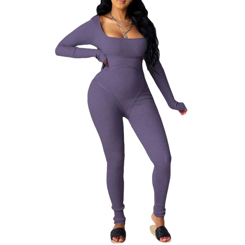 2021 Women's One Piece Suit Threaded Long Sleeve U-Neck Back Zipper for Female Red Purple