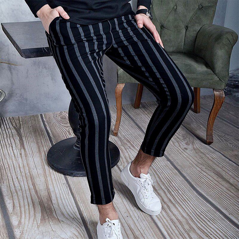 New Casual Spring Summer Trouser Vintage Striped Printed Slim Pencil Pants Men Mid Waist Elastic Skinny Pants Men Streetwear