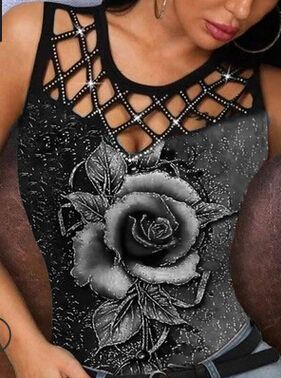 Women's Hollow Out Tank Tops, Sleeveless Round Neck Rose Print Slim Fit T-Shirts